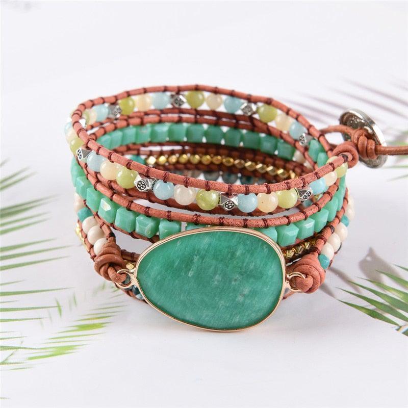 Imperial Jasper and Green Agate Leather Wrap Bracelet - Lucid Fantasy 