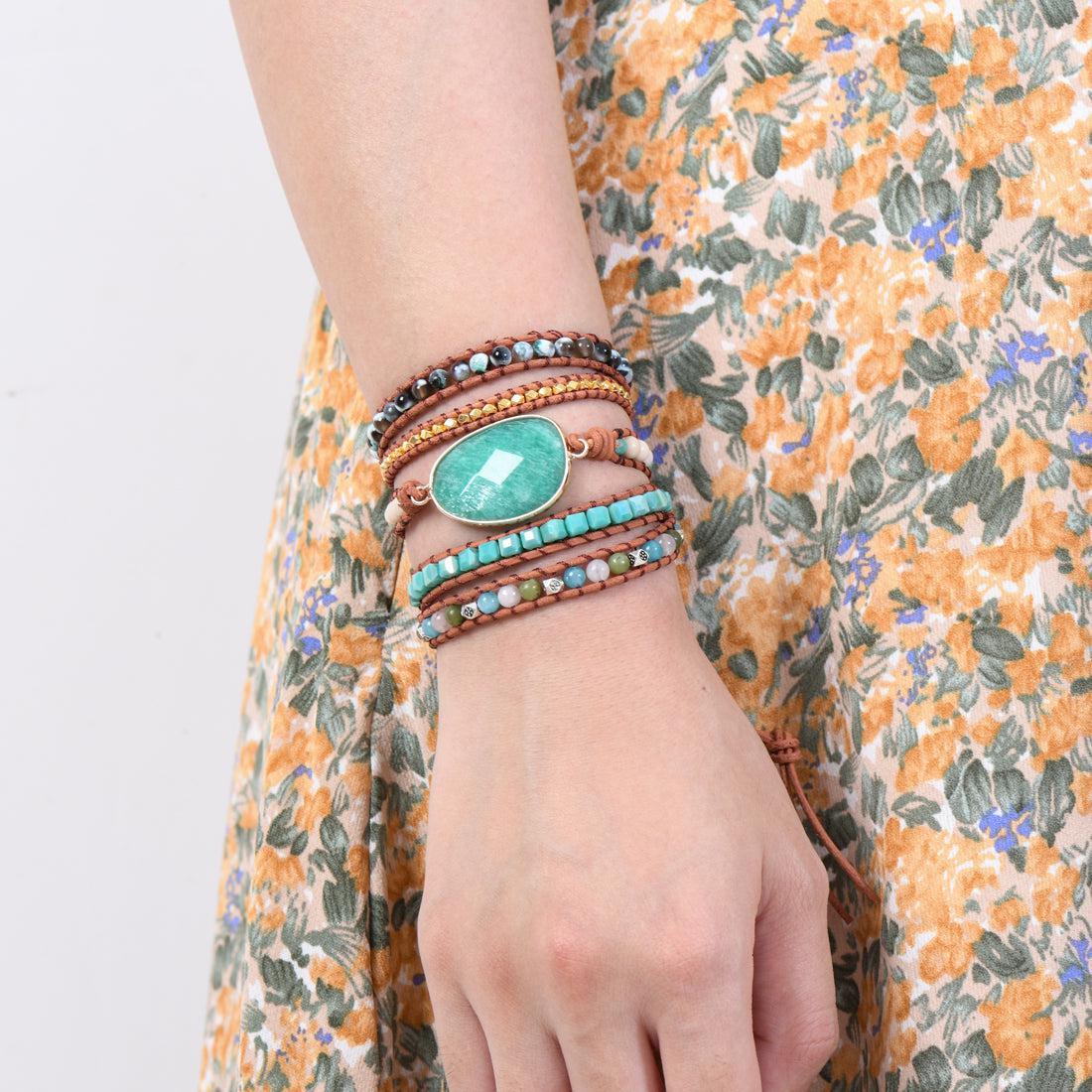 Imperial Jasper and Green Agate Leather Wrap Bracelet - Lucid Fantasy 