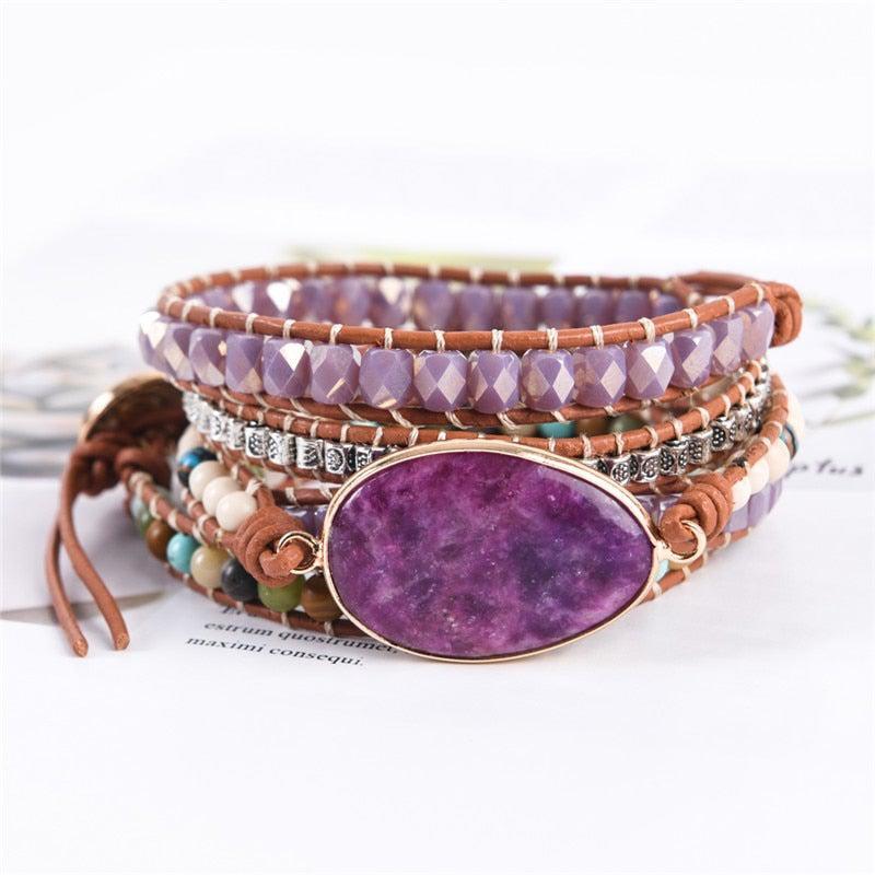 Imperial Jasper Leather Wrap Bracelet with Unique Natural Stones - Lucid Fantasy 