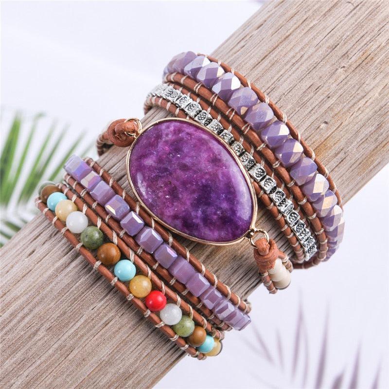 Imperial Jasper Leather Wrap Bracelet with Unique Natural Stones - Lucid Fantasy 