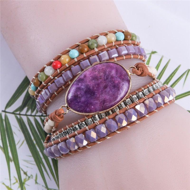 Imperial Jasper Leather Wrap Bracelet with Unique Natural Stones - Lucid Fantasy 