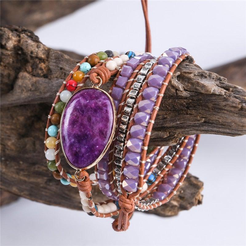 Imperial Jasper Leather Wrap Bracelet with Unique Natural Stones - Lucid Fantasy 