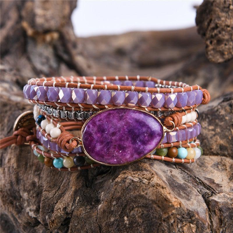 Imperial Jasper Leather Wrap Bracelet with Unique Natural Stones - Lucid Fantasy 