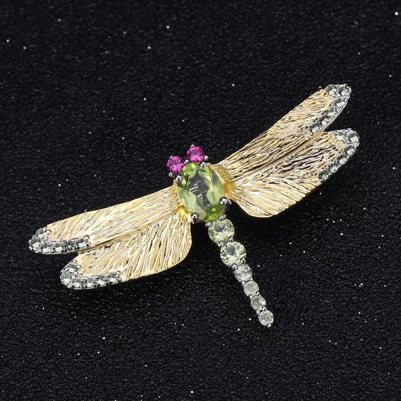 Intricate Dragonfly Gemstone Brooch in Sterling Silver - Lucid Fantasy 