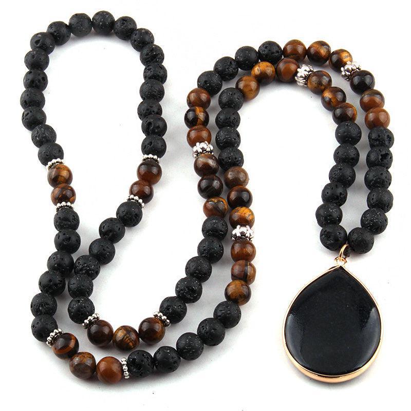 Lava Rock and Tiger Eye Gemstone Pendant Necklace - Lucid Fantasy 