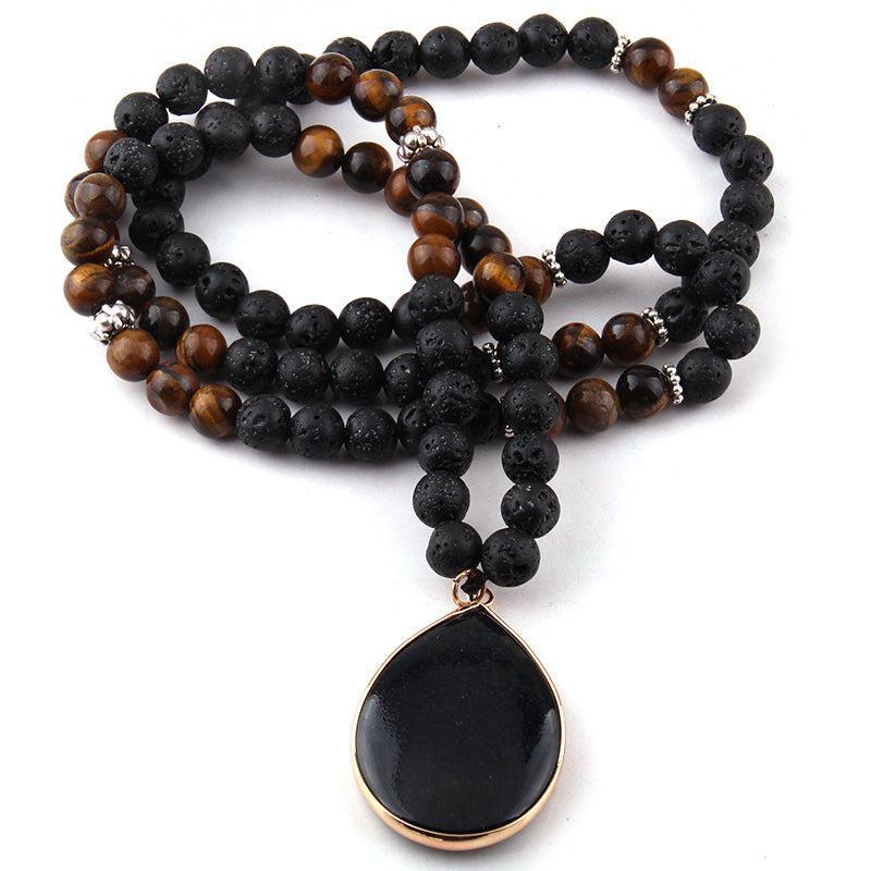 Lava Rock and Tiger Eye Gemstone Pendant Necklace - Lucid Fantasy 