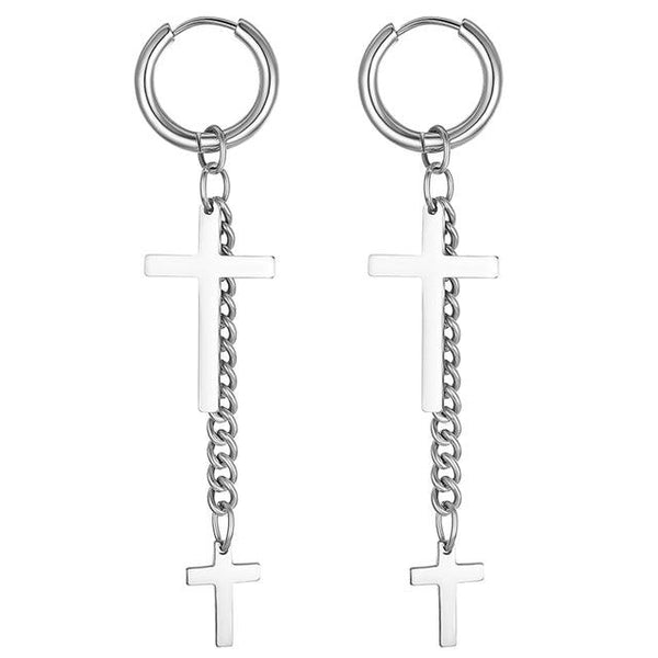 Longline Metallic Double Cross & Chain Tassel Dangle Earrings