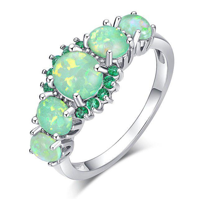 Lustrous Green Fire Opal Statement Ring with Deep Green CZ Accents - Lucid Fantasy 