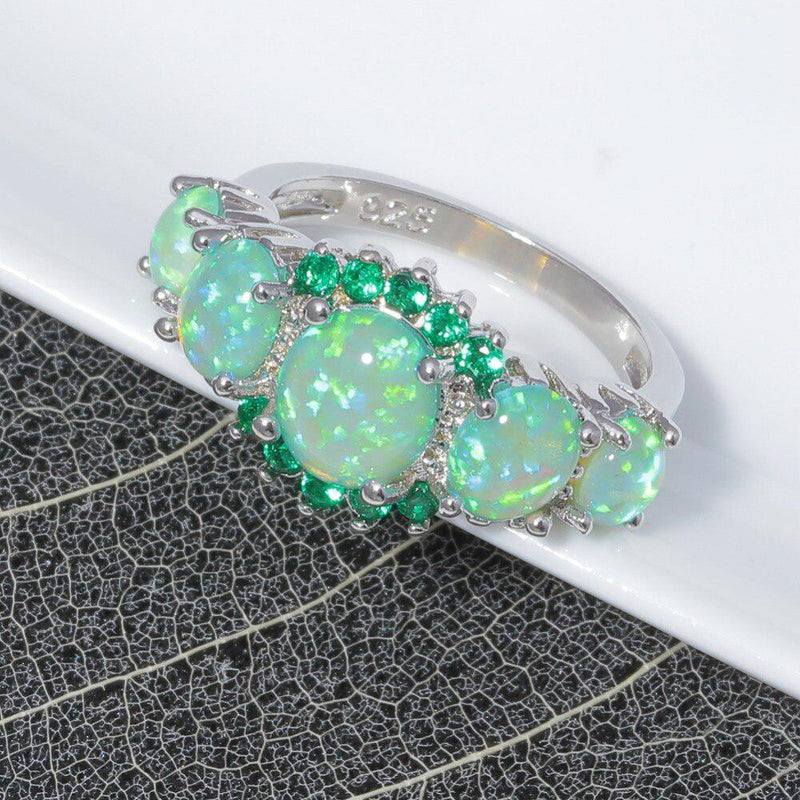 Lustrous Green Fire Opal Statement Ring with Deep Green CZ Accents - Lucid Fantasy 