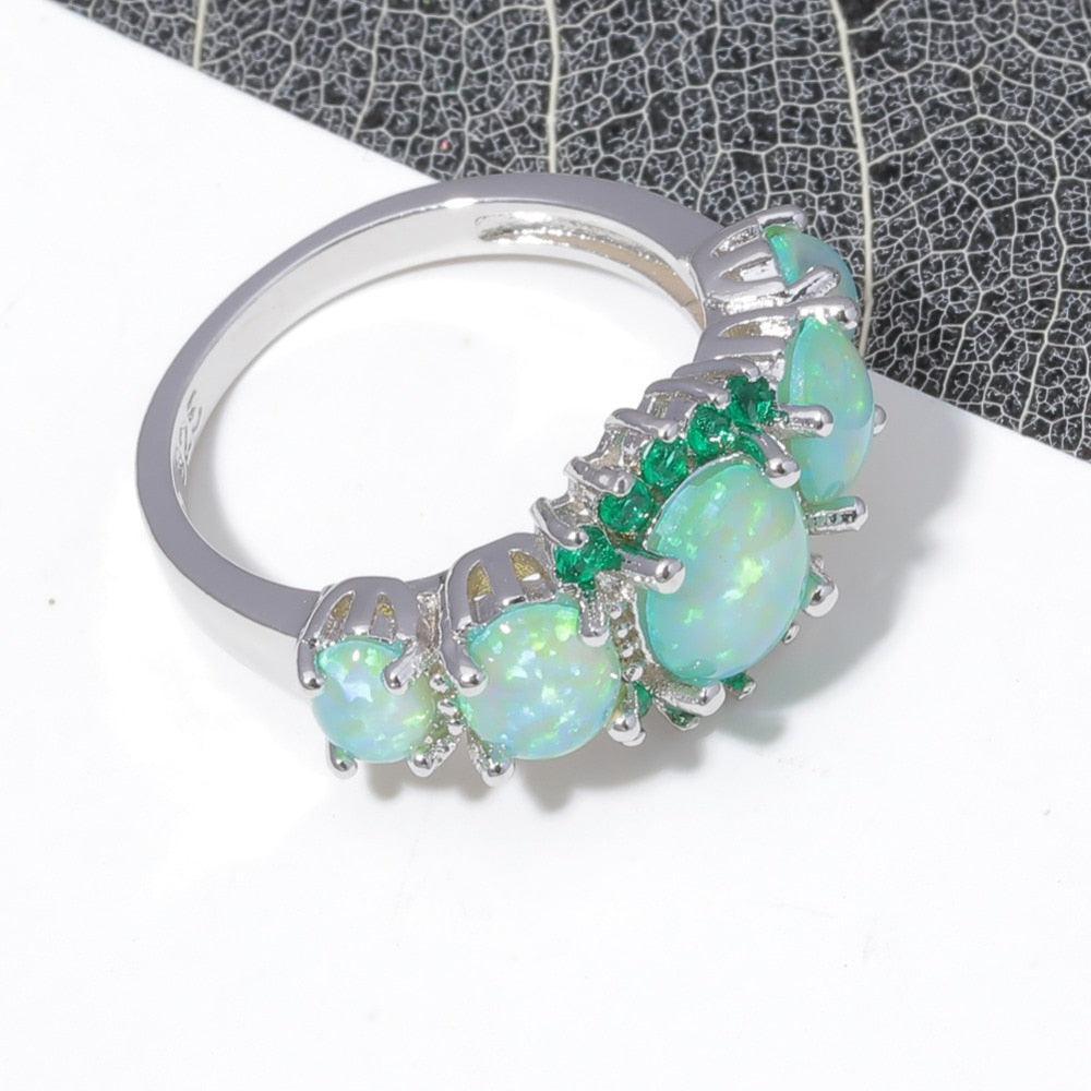 Lustrous Green Fire Opal Statement Ring with Deep Green CZ Accents - Lucid Fantasy 