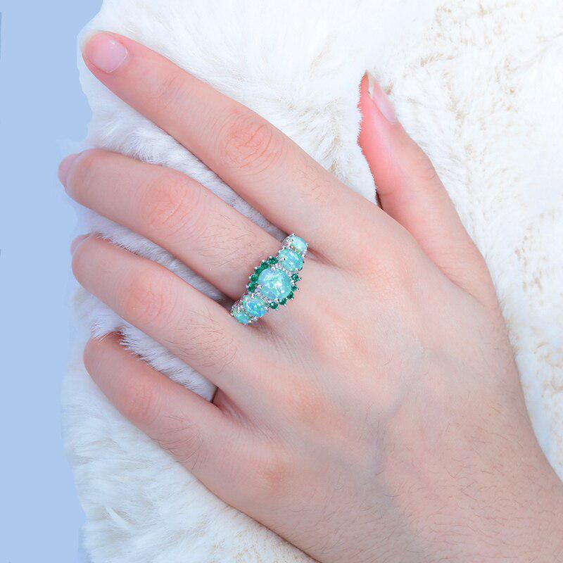 Lustrous Green Fire Opal Statement Ring with Deep Green CZ Accents - Lucid Fantasy 