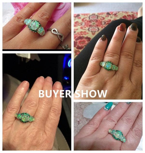 Lustrous Green Fire Opal Statement Ring with Deep Green CZ Accents - Lucid Fantasy 