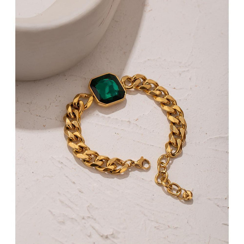 Luxurious Green Crystal Chunky Chain Bracelet with Golden Accents - Lucid Fantasy 