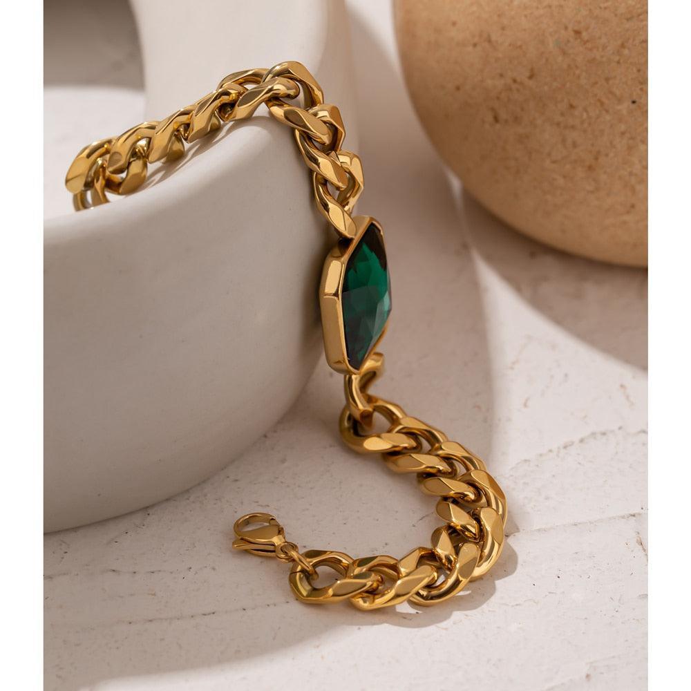 Luxurious Green Crystal Chunky Chain Bracelet with Golden Accents - Lucid Fantasy 