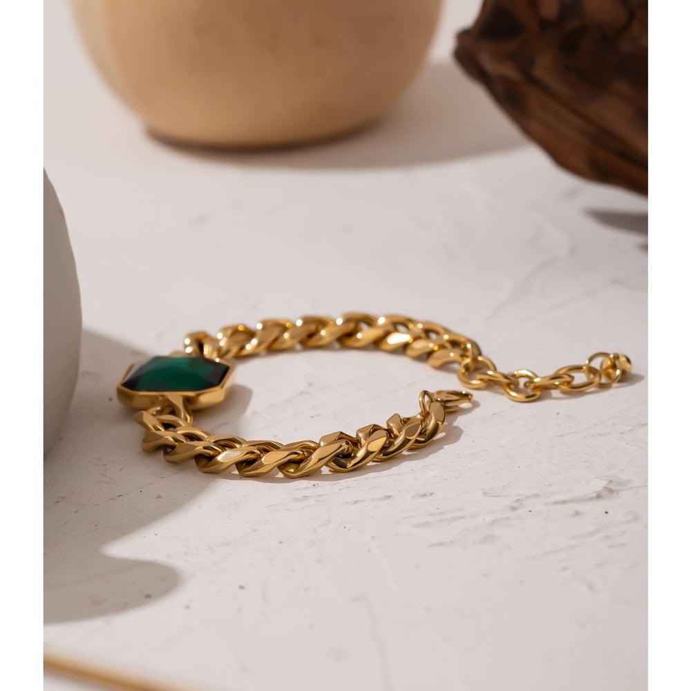 Luxurious Green Crystal Chunky Chain Bracelet with Golden Accents - Lucid Fantasy 