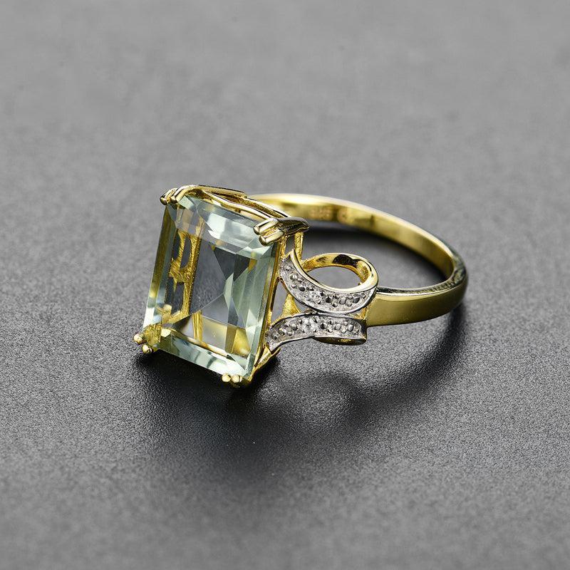 Luxurious Sterling Silver and Gold Emerald Cut Green Amethyst Ring - Lucid Fantasy 