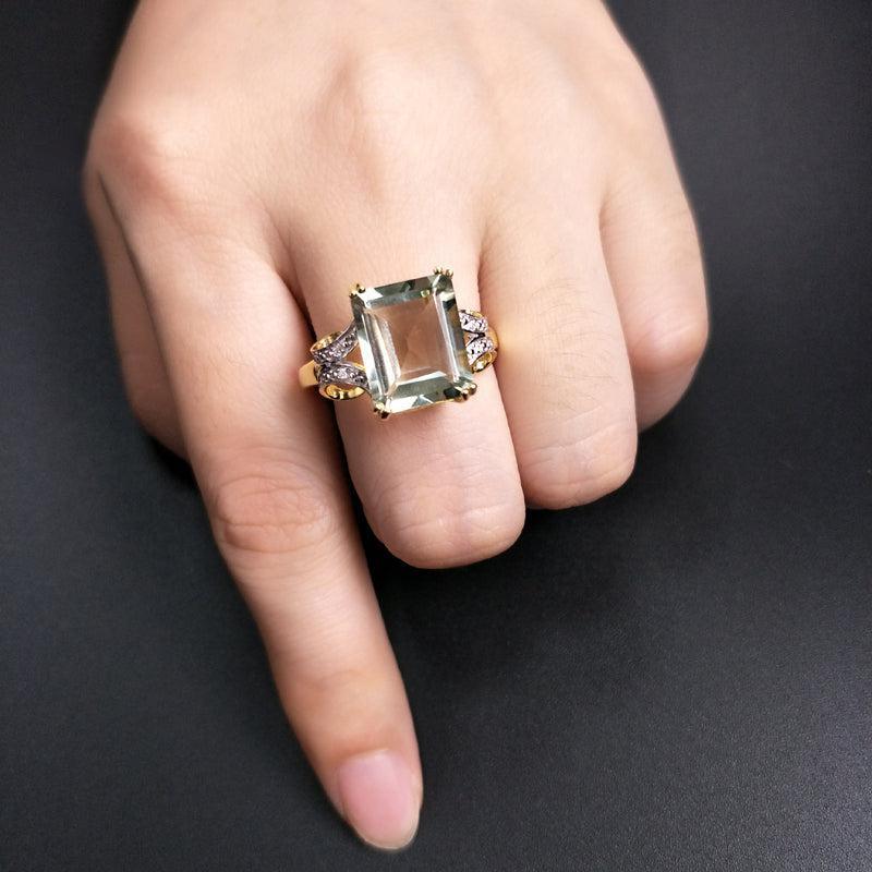 Luxurious Sterling Silver and Gold Emerald Cut Green Amethyst Ring - Lucid Fantasy 