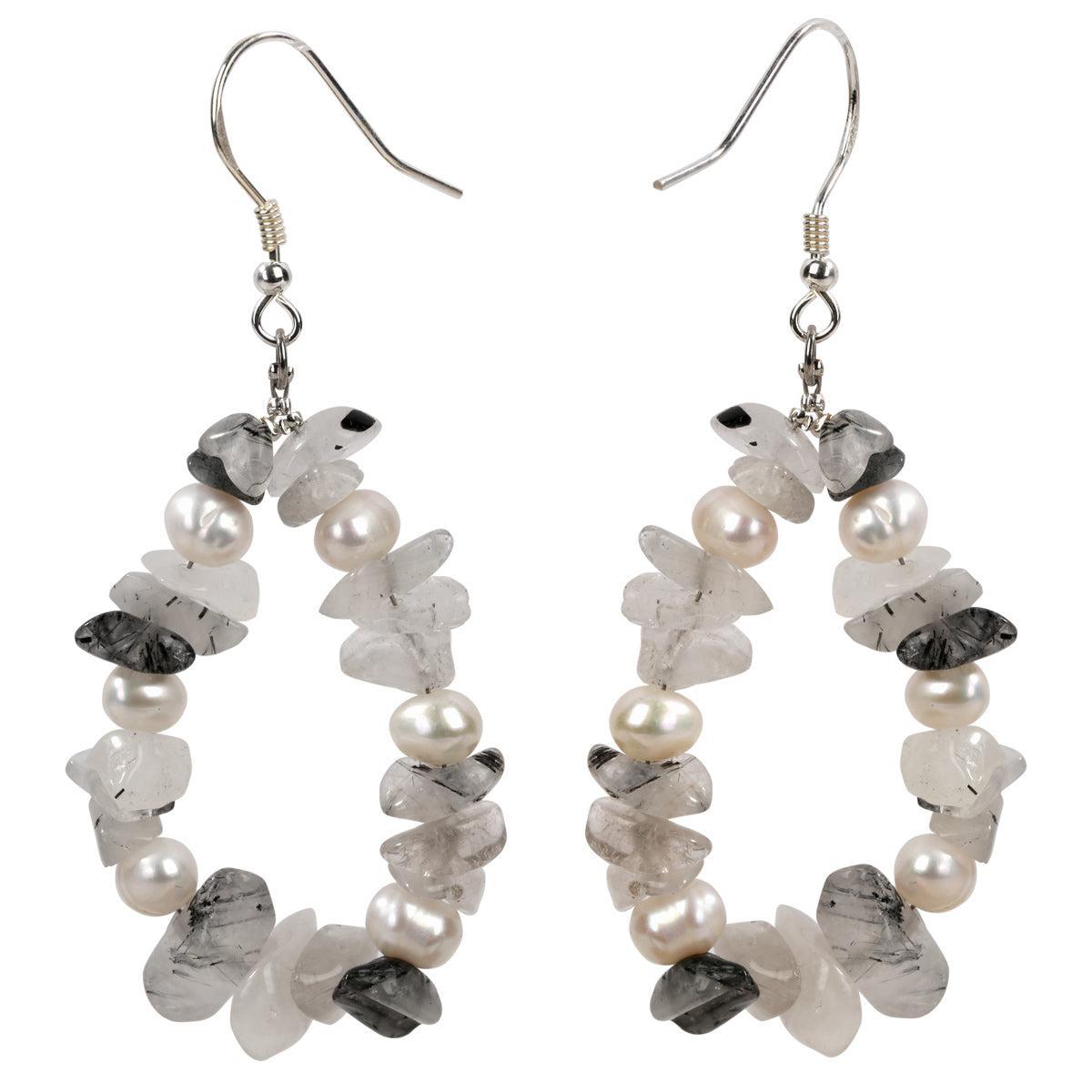 Luxurious Sterling Silver Rutilated Quartz and Baroque Pearl Hoop Dangle Earrings - Lucid Fantasy 