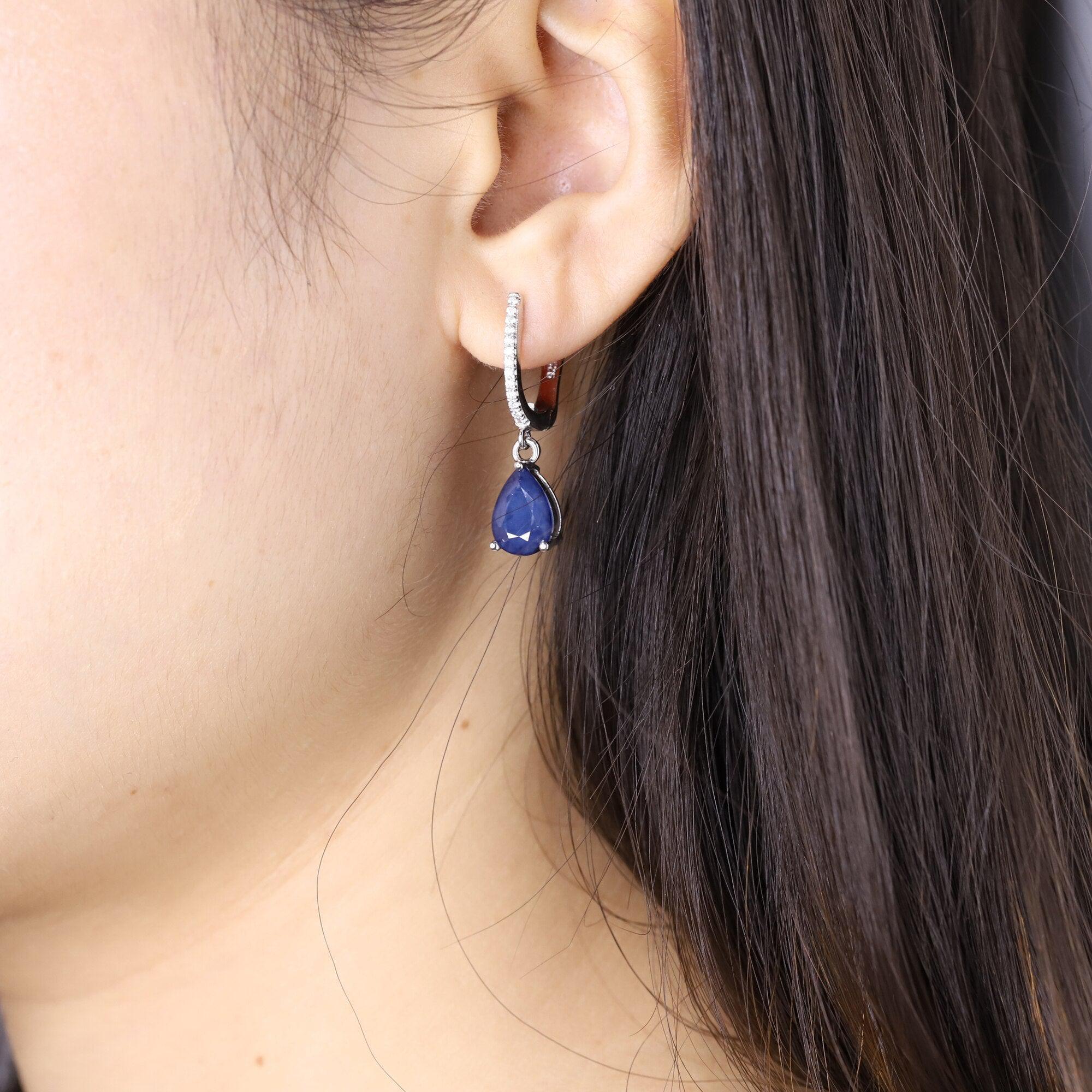 Luxurious Teardrop Earrings with Blue Sapphire and Cubic Zirconia in Sterling Silver - Lucid Fantasy 