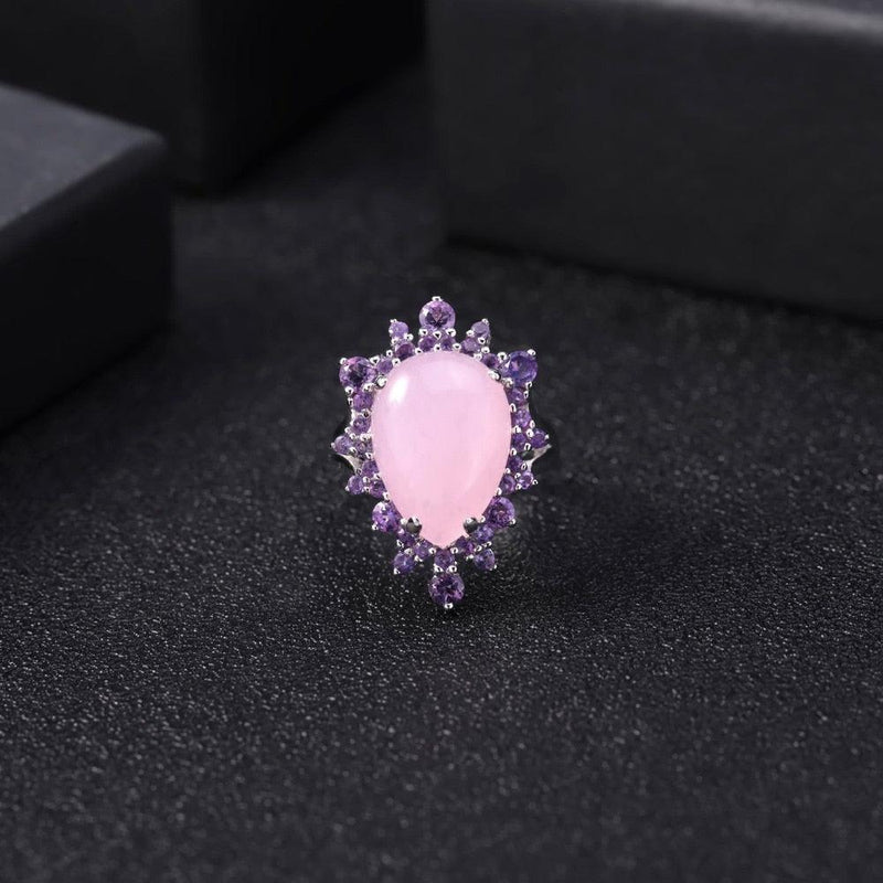 Luxury Sterling Silver Ring with Pink Calcedony and Amethyst Halo - Lucid Fantasy 