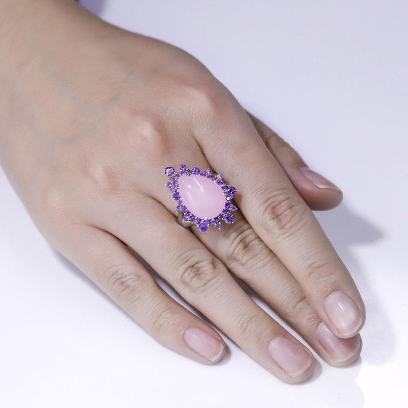 Luxury Sterling Silver Ring with Pink Calcedony and Amethyst Halo - Lucid Fantasy 