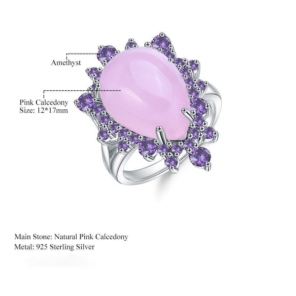 Luxury Sterling Silver Ring with Pink Calcedony and Amethyst Halo - Lucid Fantasy 