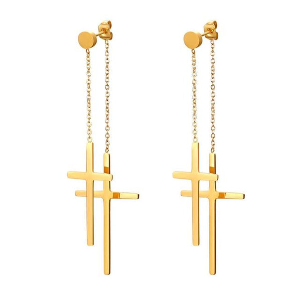 Metallic Double Cross Stud Dangle Earrings