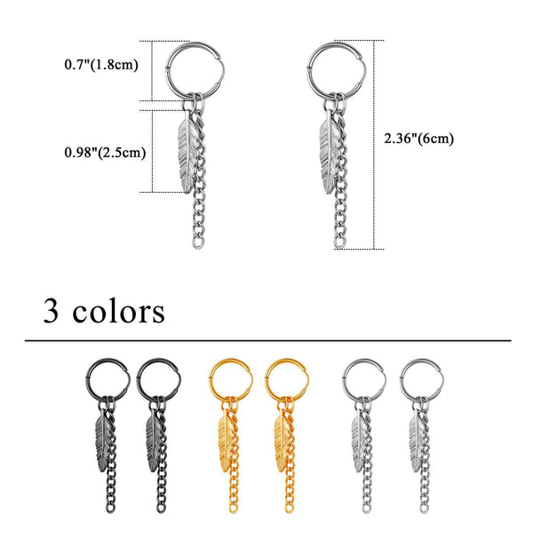 Metallic Feather & Chain Tassel Hoop Drop Earrings