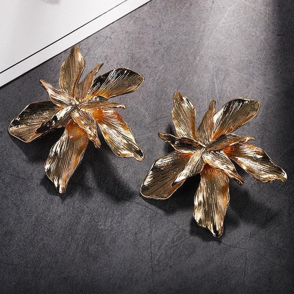 Metallic Golden Floral Statement Earrings