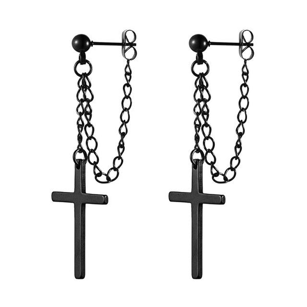 Metallic Hoop Chain Cross Drop Dangle Earrings
