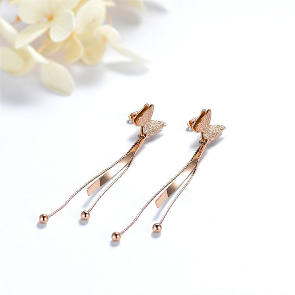 Metallic Rose Gold Triple Tassel Butterfly Longline Earrings