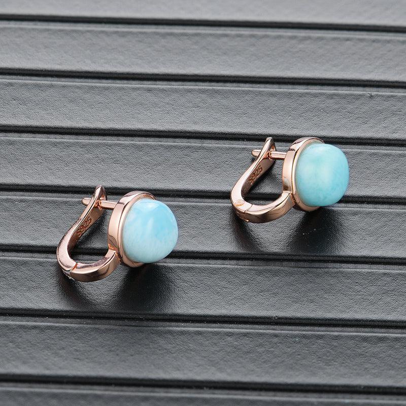 Natural Larimar Huggie Earrings in Sterling Silver and Rose Gold - Lucid Fantasy 