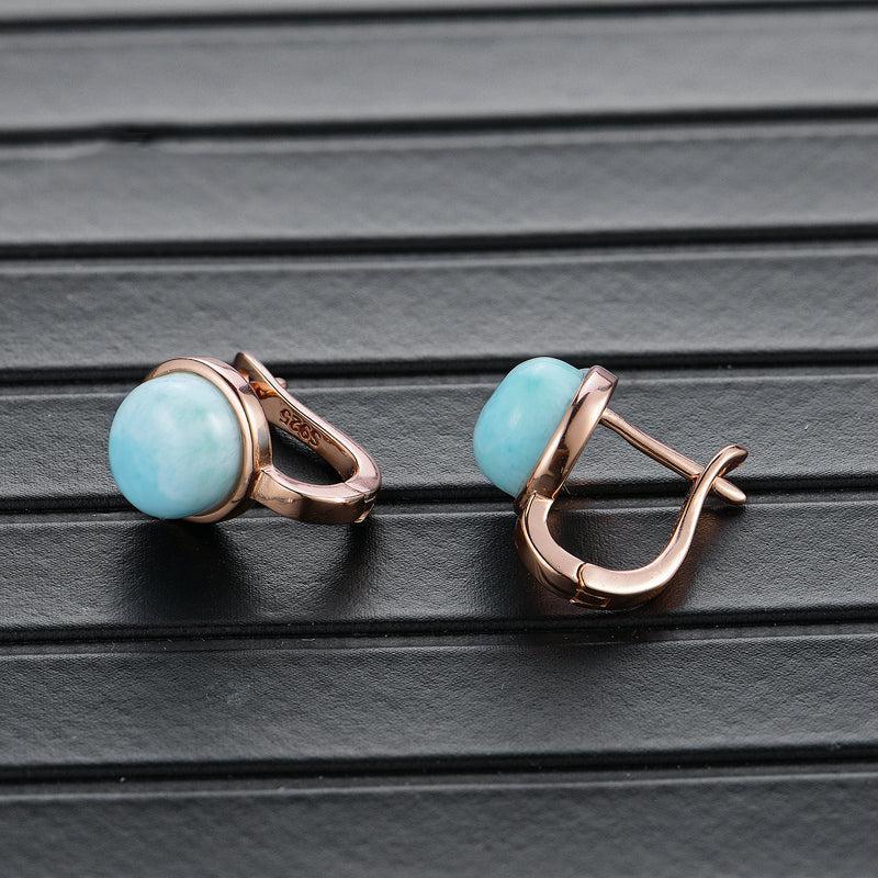 Natural Larimar Huggie Earrings in Sterling Silver and Rose Gold - Lucid Fantasy 