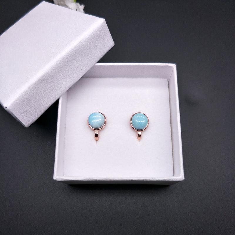 Natural Larimar Huggie Earrings in Sterling Silver and Rose Gold - Lucid Fantasy 