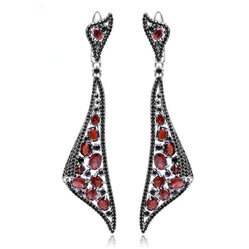 Neo Gothic Sterling Silver Earrings with Red Garnet and Black Nano Crystal - Lucid Fantasy 