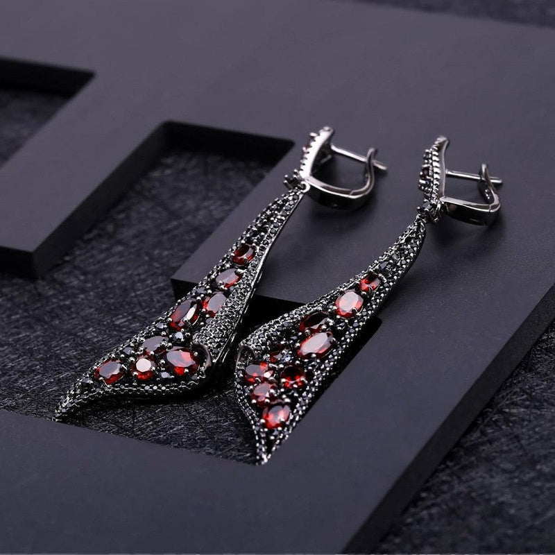 Neo Gothic Sterling Silver Earrings with Red Garnet and Black Nano Crystal - Lucid Fantasy 