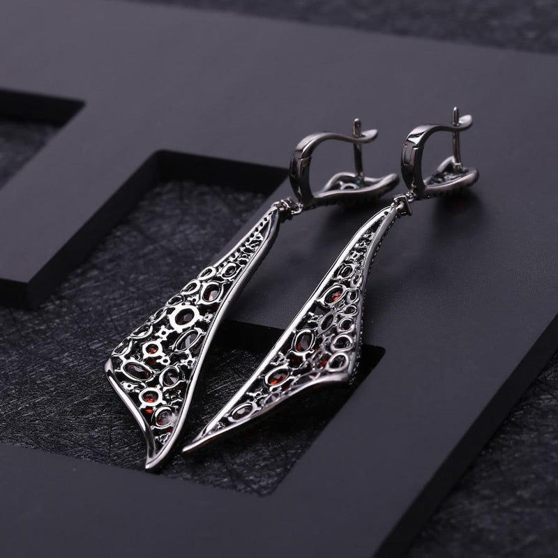 Neo Gothic Sterling Silver Earrings with Red Garnet and Black Nano Crystal - Lucid Fantasy 