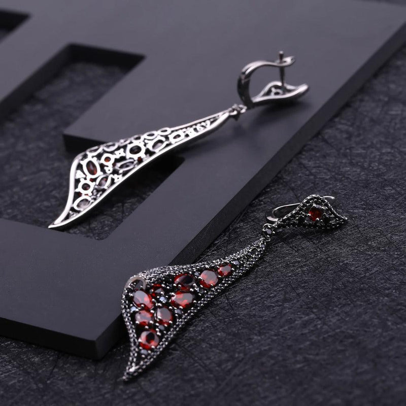 Neo Gothic Sterling Silver Earrings with Red Garnet and Black Nano Crystal - Lucid Fantasy 