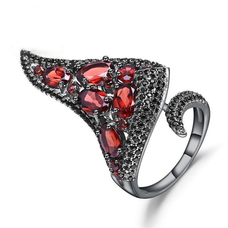 Neo Gothic Sterling Silver Ring with Red Garnet Gemstone - Lucid Fantasy 