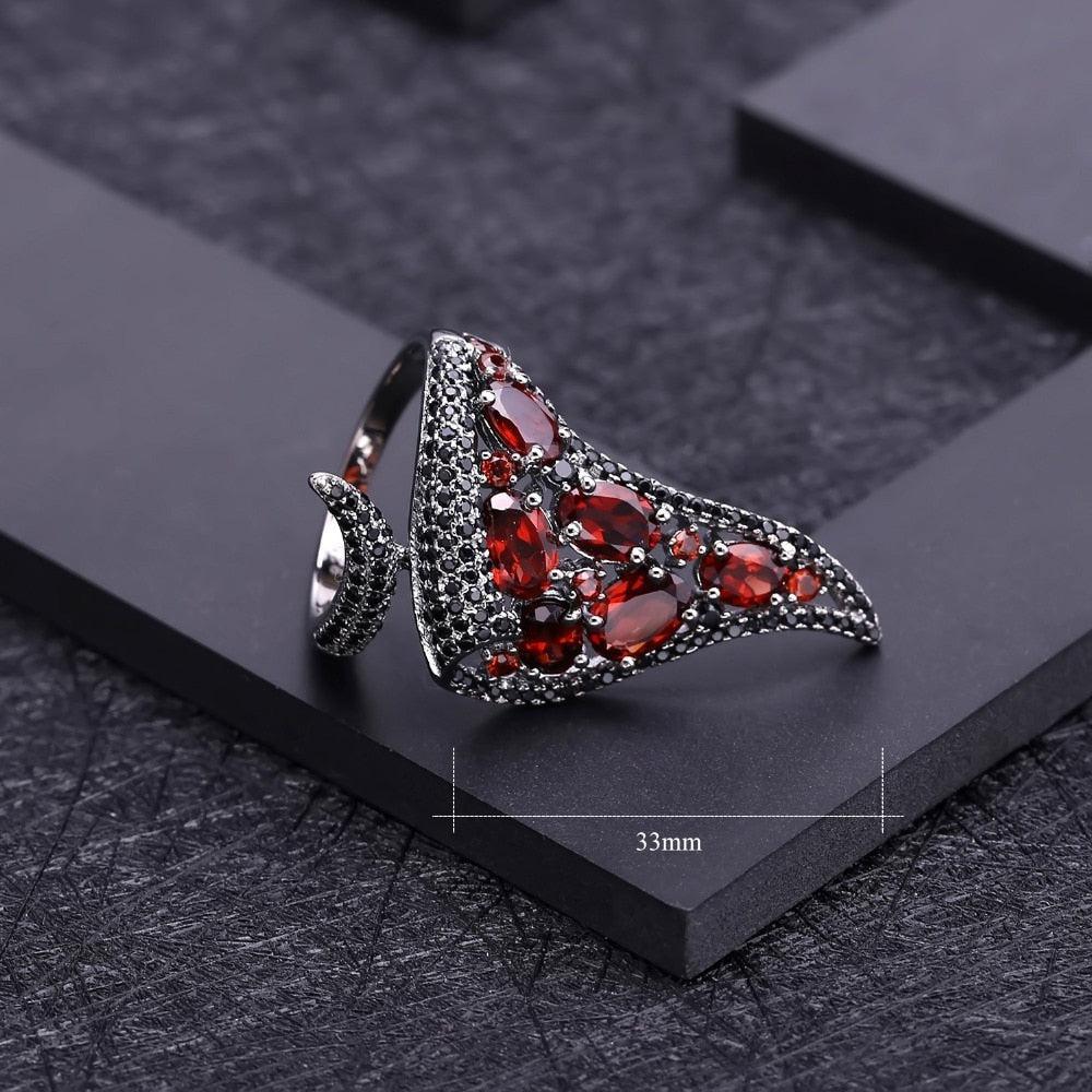 Neo Gothic Sterling Silver Ring with Red Garnet Gemstone - Lucid Fantasy 