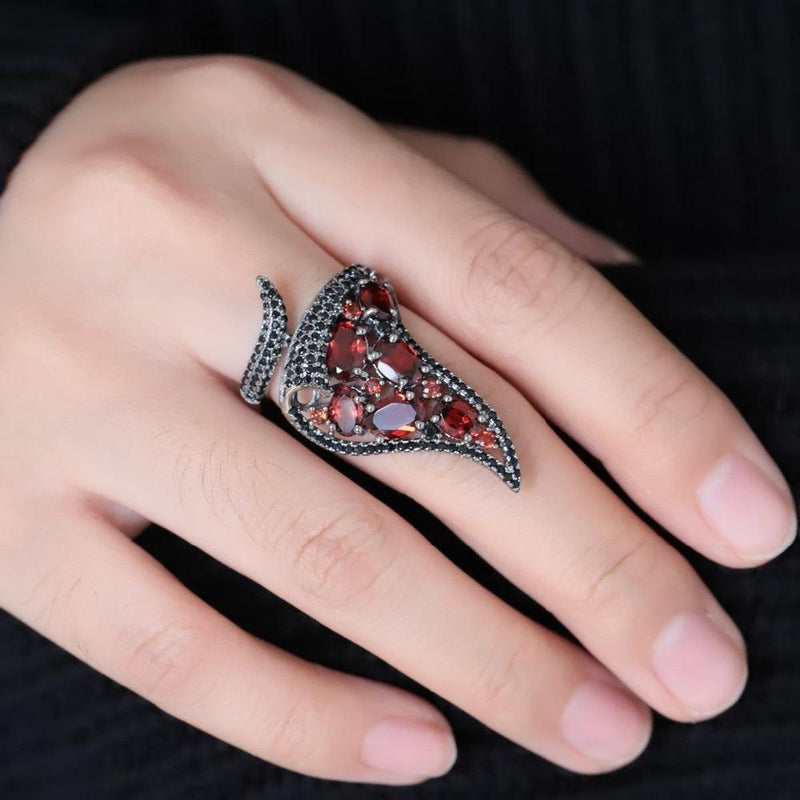 Neo Gothic Sterling Silver Ring with Red Garnet Gemstone - Lucid Fantasy 