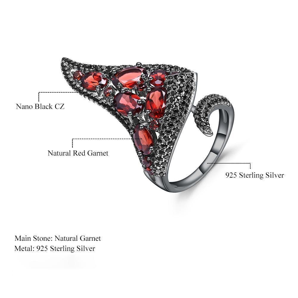 Neo Gothic Sterling Silver Ring with Red Garnet Gemstone - Lucid Fantasy 