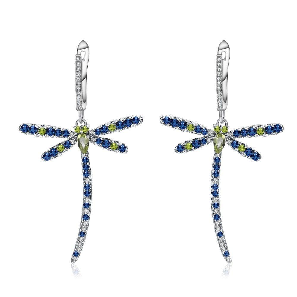 Peridot Dragonfly Dangle Earrings in Sterling Silver - Lucid Fantasy 