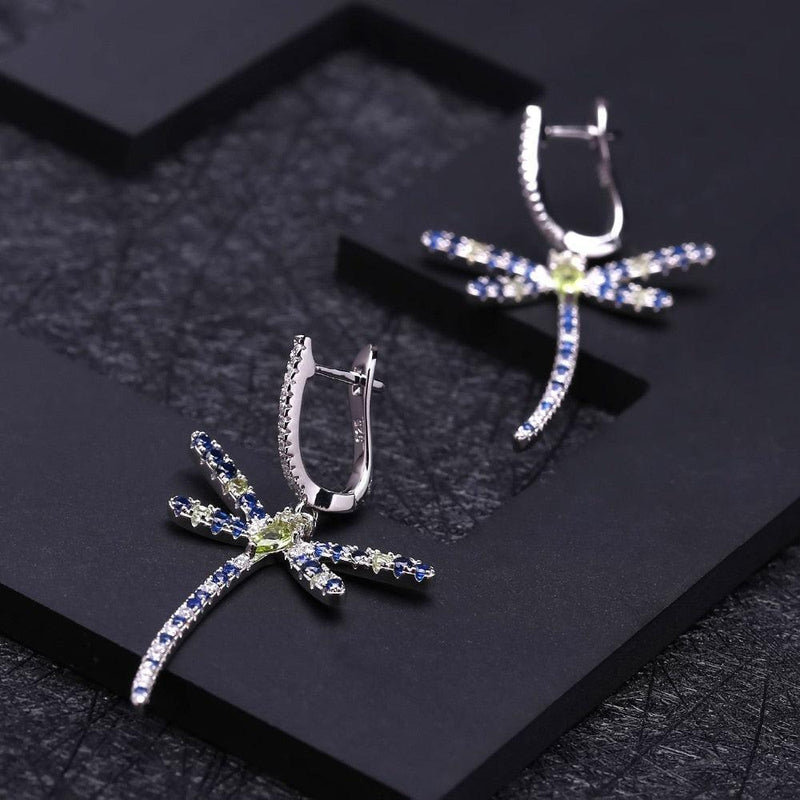 Peridot Dragonfly Dangle Earrings in Sterling Silver - Lucid Fantasy 