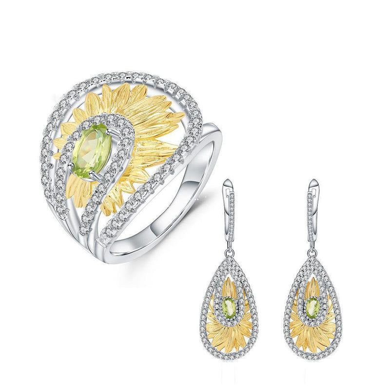 Peridot Sunflower Jewelry Set in Sterling Silver and Gold Plating - Lucid Fantasy 