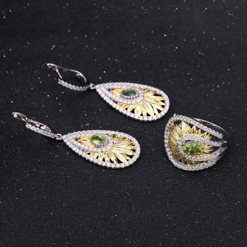 Peridot Sunflower Jewelry Set in Sterling Silver and Gold Plating - Lucid Fantasy 