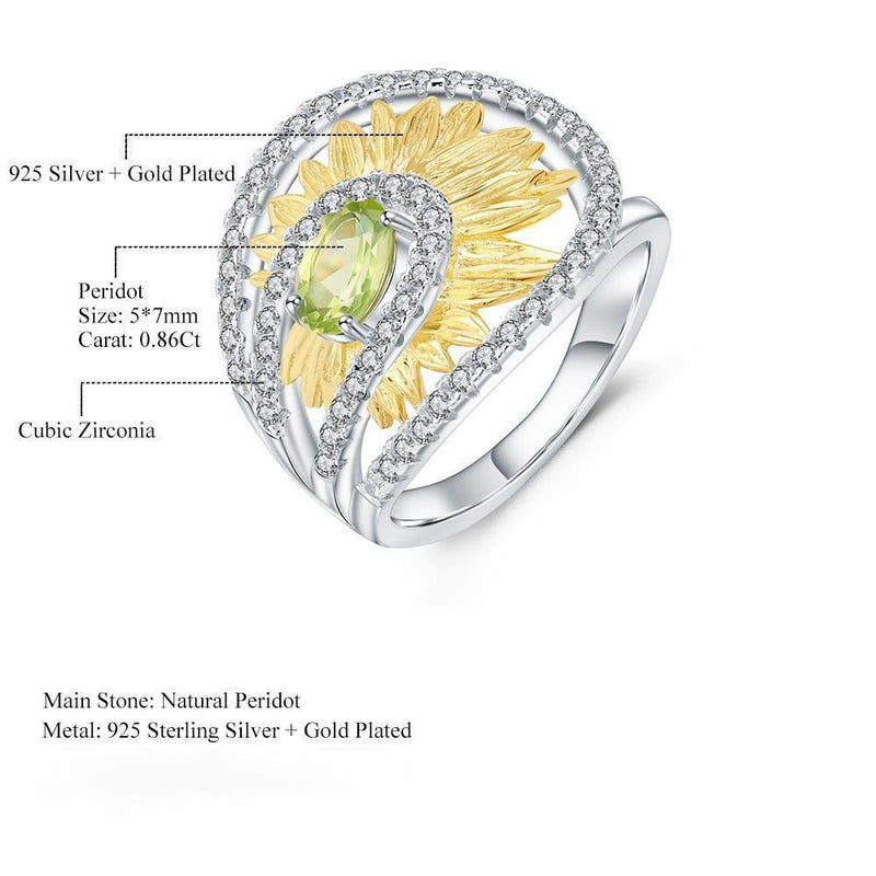 Peridot Sunflower Jewelry Set in Sterling Silver and Gold Plating - Lucid Fantasy 