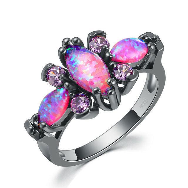 Radiant Black Gold Triple-Pink Fire Opal Statement Ring - Lucid Fantasy 