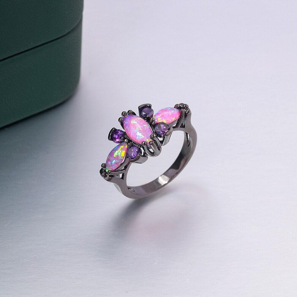 Radiant Black Gold Triple-Pink Fire Opal Statement Ring - Lucid Fantasy 