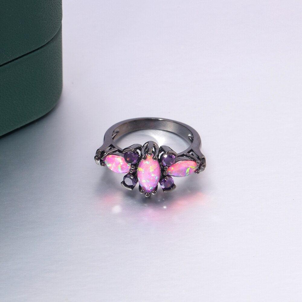 Radiant Black Gold Triple-Pink Fire Opal Statement Ring - Lucid Fantasy 